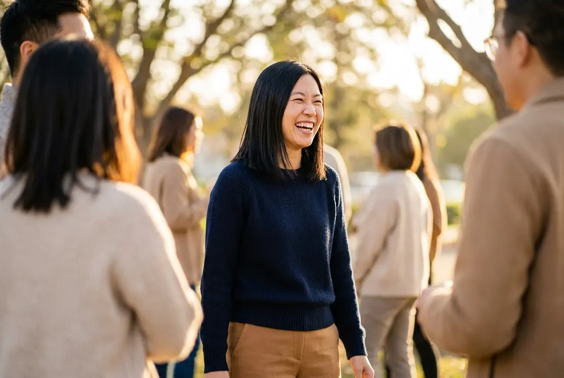 Generated image of Maya Chen with the team at a social gathering