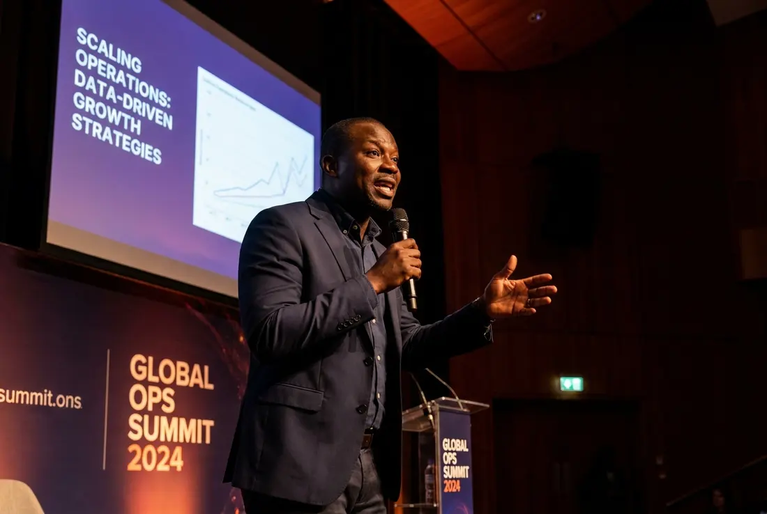 Generated image of Kwame Asante presenting at a conference