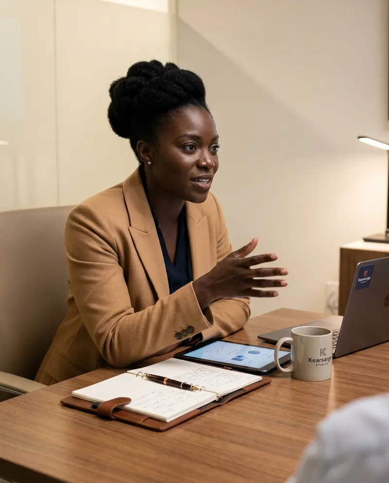 Generated image of Nadia Okafor at their desk