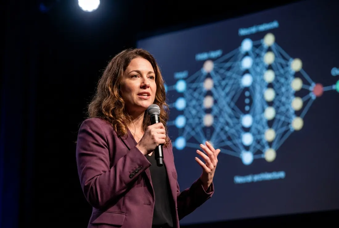 Generated image of Dr. Elise Fontaine presenting at a conference
